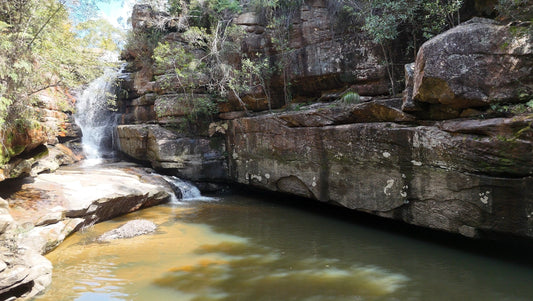 Lower Gledhill Falls waterfall dropping into a large swimming pool in Ku-ring-gai Chase National Park