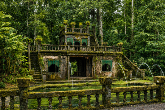 Spanish castle ruins at Paronella Park surrounded by World Heritage rainforest