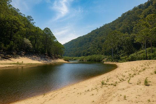 Sandy beach and clear water at Colo River accessed via Bob Turners Track in the Blue Mountains