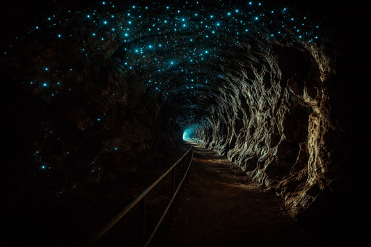Bioluminescent glow worms inside the abandoned Newnes Railway Tunnel Wollemi National Park
