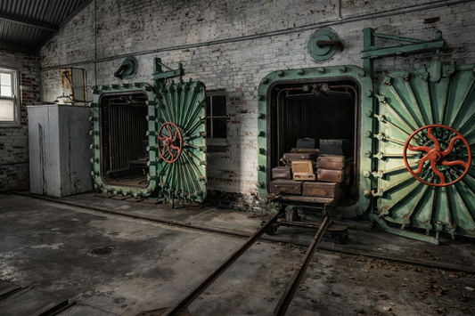 Heritage-listed green incinerator doors and red latch handles at the historic North Head Quarantine Station