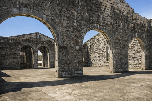 The historic granite ruins of Trial Bay Gaol overlooking the ocean in Arakoon National Park