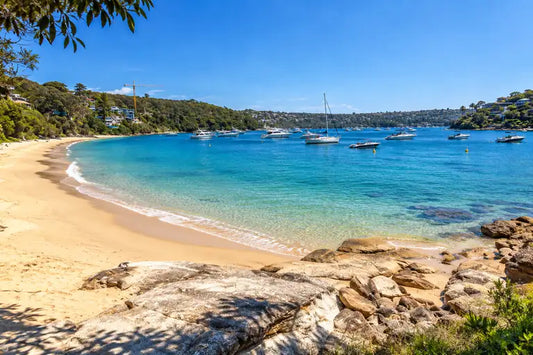 Calm, clear water lapping the white sand of Chinamans Beach in Middle Harbour, with the shady Rosherville Reserve behind